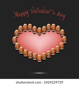 Happy Valentines Day. Frame of football balls laid out in the shape of the heart. Design pattern for greeting card, banner, poster, flyer, invitation party. Vector illustration on isolated background