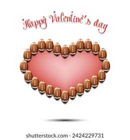 Happy Valentines Day. Frame of football balls laid out in the shape of the heart. Design pattern for greeting card, banner, poster, flyer, invitation party. Vector illustration on isolated background