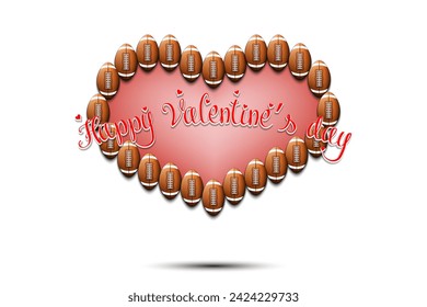 Happy Valentines Day. Frame of football balls laid out in the shape of the heart. Design pattern for greeting card, banner, poster, flyer, invitation party. Vector illustration on isolated background