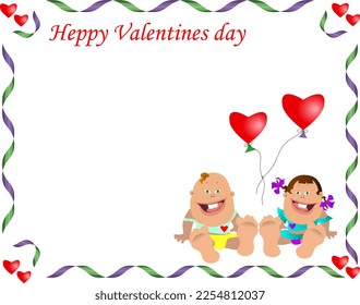 Happy Valentine's Day. Frame for a postcard. Illustration with a boy and a girl with bare feet. Children smile. Heart-shaped balloons fly above them. Postcard cartoon.