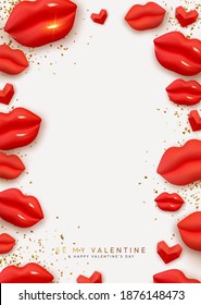 Happy Valentine's Day frame. Romantic background with female lips. Border template with red 3d lips and hearts. Beautiful stylish Modern minimal design. Vector illustration