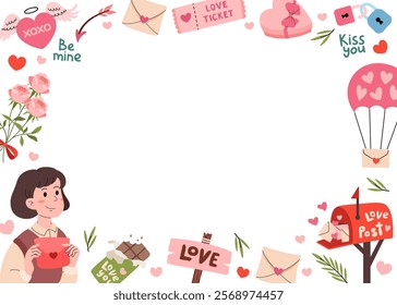 Happy Valentine's Day frame. Romantic elements design template A4 format. Horizontal invitation background. Mailbox, heart with angel wings, chocolate, flowers. Vector flat illustration.