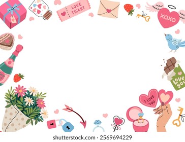 Happy Valentine's Day frame with romantic elements. Horizontal invitation background A4 format. Heart with wings, bouquet flowers, champagne, chocolate, gift and valentine heart. Vector illustration.