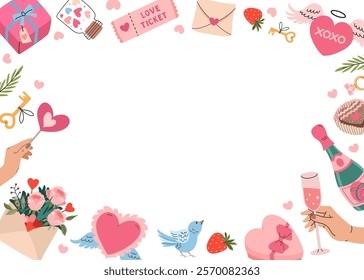 Happy Valentine's Day frame with romantic elements. Heart with wings, envelope flowers, champagne, chocolate, gift and valentine heart. Horizontal invitation background A4 format. Vector illustration.