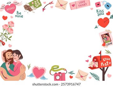 Happy Valentine's Day frame. Romantic elements design template. Loving Couple hugging. Horizontal invitation background. Mailbox, heart with angel wings, chocolate, flowers. Vector flat illustration.