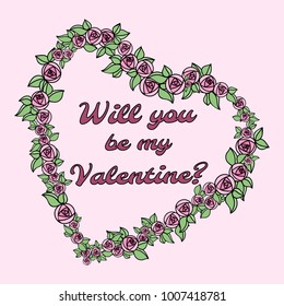 Happy Valentine's Day. Frame from stylized roses in the form of heart. Templates for greeting and wedding invitation cards, brochures, covers. Wedding invitation, save the date, RSVP.  Hand drawn