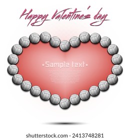 Happy Valentines Day. Frame of volleyball balls laid out in the shape of the heart. Design pattern for greeting card, banner, poster, flyer, invitation. Vector illustration on isolated background