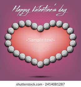 Happy Valentines Day. Frame of volleyball balls laid out in the shape of the heart. Design pattern for greeting card, banner, poster, flyer, invitation. Vector illustration on isolated background