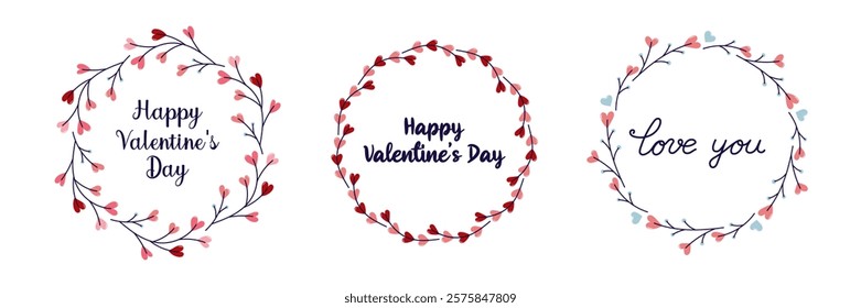 Happy Valentine's Day frames collection. Set of 3 round frame with twigs and hearts. Simple cute greeting card. Isolated vector illustration.