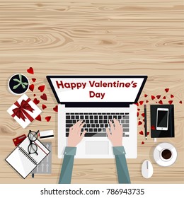Happy Valentine's Day. Freelancer graphic designer typing on laptop. Desktop laptop, glasses, mobile phone, credit cards, coffee.  Flat style vector illustration. Freelance concept.