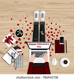 Happy Valentine's Day. Freelancer graphic designer sitting on a floor and typing on laptop. Flat style vector illustration. Freelance concept.