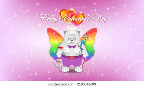Happy Valentines day. Funny cartoon fat cupid cat in pink pants, tie. Bow, arrows and butterfly wings. Bright festive pink in sparks postcard