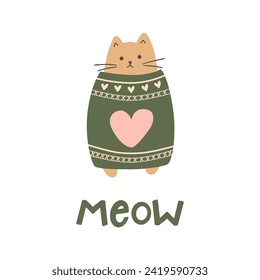 Happy Valentines day funny cat wears sweater, heart greeting card with hand drawn text Meow. Vector lovely congratulation for 14 February, hand lettering postcard design. Cute pet illustration.