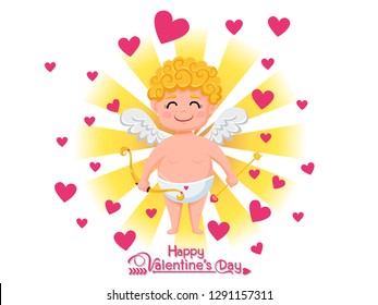 Happy Valentine's Day. Funny cupid cartoon character with bow and arrow on Golden light background. Vector Illustration elements of a Valentine