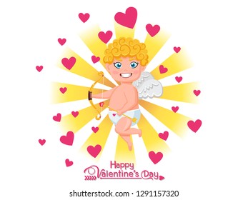 Happy Valentine's Day. Funny cupid cartoon character with bow and arrow on Golden light background. Vector Illustration elements of a Valentine