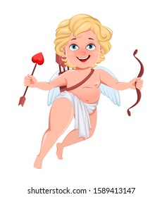 Happy Valentines Day. Funny Cupid child with bow and love arrow, cute cartoon character. Vector illustration isolated on white background
