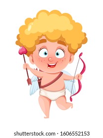 Happy Valentine's Day. Funny Cupid kid with bow and love arrow, cute cartoon character. Vector illustration isolated on white background