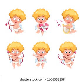 Happy Valentine's Day. Funny Cupid kid, set of six poses, cute cartoon character. Vector illustration isolated on white background