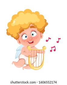 Happy Valentine's Day. Funny Cupid kid playing on love harp, cute cartoon character. Vector illustration isolated on white background