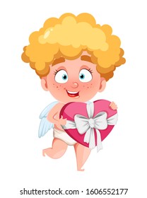 Happy Valentine's Day. Funny Cupid kid holding gift box in a shape of heart, cute cartoon character. Vector illustration isolated on white background