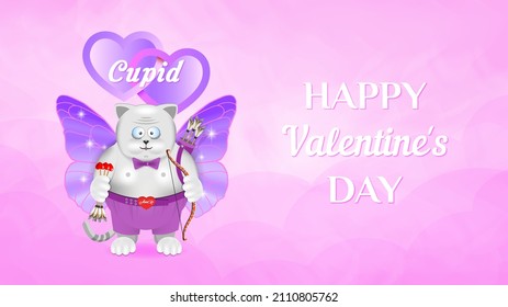 Happy Valentines day. Funny fat cartoon gray cupid cat with a bow, arrows and wings against a cloudy pink sky