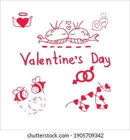 Happy Valentines Day, funny kitties kissing, cute bees painted a heart, men from mars women from venus picture emblem, 
garland of hearts