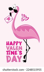 Happy Valentine's Day - funny pink flamingo with envelope. Good for greeting card, poster, banner, label, mug and other decoration.