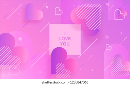 Happy Valentine's day futuristic modern pink, red, purple colored background, card, poster or banner template. Heart with shadows, shapes in retro style Vector illustration