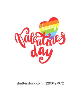 Happy Valentines Day Gay Lettering. Conceptual poster with LGBT rainbow hand lettering. Colorful glitter handwritten phrase isolated on white background . Vector typographic illustration for gay