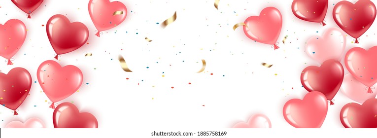 Happy Valentine's Day. Gel balloons-hearts red and pink. Banner with place for text. Greeting card Happy Birthday, International Women's Day. Isolated with white background. Vector