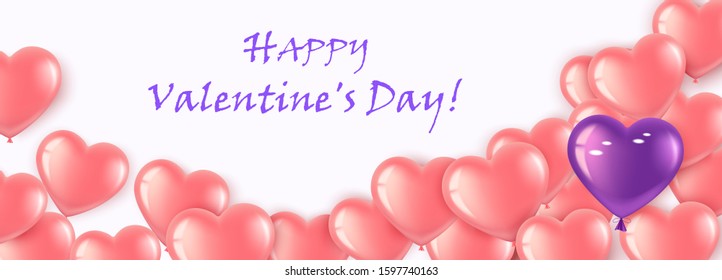 Happy Valentines Day. Gel balls-hearts lilac and pink. Horizontal banner with place for text. For happy birthday, International Women's Day. Isolated on a transparent background. Vector illustration