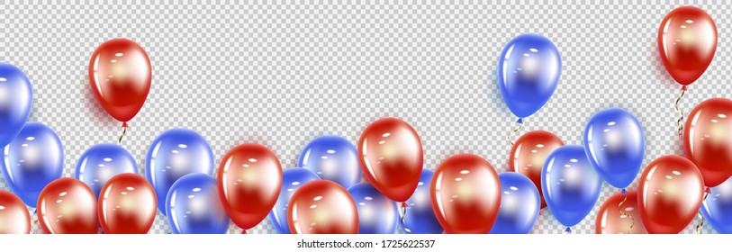 Happy valentines day. Gel balls-hearts red and blue. Horizontal banner with place for text. For happy birthday, International Women's Day. Isolated on a transparent background. Vector illustration