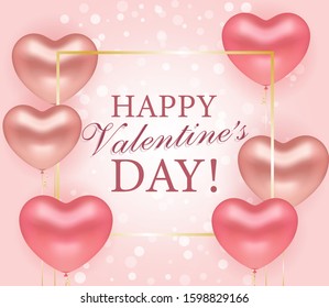 Happy Valentine's Day. Gentle pink banner with heart-shaped balloons and confetti. Vector illustration. Concept for poster of greeting card.