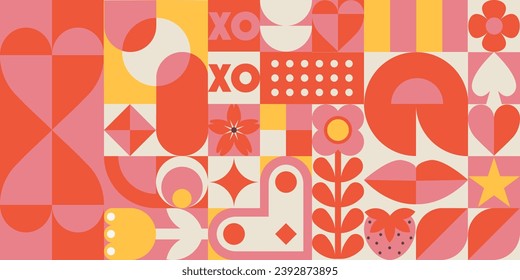 Feliz Día de San Valentín, patrón abstracto geométrico para envoltura, tarjeta de saludo, afiche y medios sociales. Fondo mosaico con corazones, flores, plantas y formas simples en un estilo bauhaus. Arte neo geo.