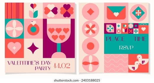 Happy Valentine's day geometric abstract party invitation. Mosaic cards print with hearts, birds, plants and simple forms in a trendy style