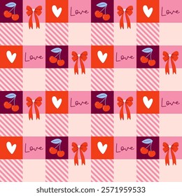 Happy Valentine's Day geometric background. Seamless pattern with cute love elements on gingham backdrop. Square romantic banner. Retro design wedding print. Flat style vector illustration.