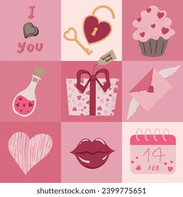 Happy Valentines day geometric pattern for holiday invitation, card, wrapping paper. Vector illustration in modern style. Pattern in swatches.