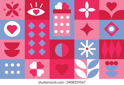 Happy Valentines Day geometric pattern for greeting cards, posters, wrapping, pack paper. Modern love design. Abstract background. Romantic, birthday concept. 