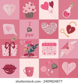 Happy Valentines day geometric pattern for holiday invitation, card, wrapping paper. Vector illustration in modern style. Pattern in swatches