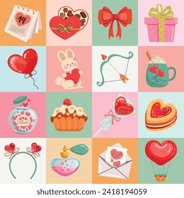 Happy Valentines day geometric pattern for greeting cards, posters, wrapping, and packing paper. Vector flat checkered Valentines day background illustration.