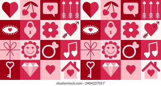 Feliz Día de San Valentín, patrón geométrico sin fisuras. Formas simples e iconos de estilo minimalista plano. Cornamento vectorial moderno Bauhaus para impresión, pancarta, tarjeta, tela, cubierta, papel envolvente, papel tapiz