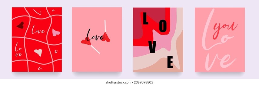 Happy Valentines Day with Geometric Shape Hearts, Line, Fluid. Love you. Retro Geometric Design for Advertising, Web, Social Media, Banner, Cover. Vector Illustration.