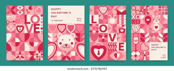 Happy Valentines Day geometric vertical posters templates. Minimalist mosaic square pattern with simple shape of hearts bear gifts lock and holiday elements. Trendy invitation, card, branding, cover.