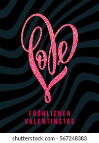 Herzlichen Glückwunsch zum Valentinstag auf Deutsch. Frohlicher Valentinstag mit rosafarbenem, glänzender Liebesschrift in Herzform auf schwarzem Hintergrund. Vektorgrafik