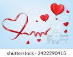 Happy Valentine's Day getting card  with a red heart shape ribbon and couple in love. Vector.
