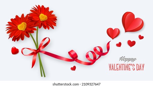 Happy Valentine's Day getting card  with two red flowers and a red ribbon. Vector.