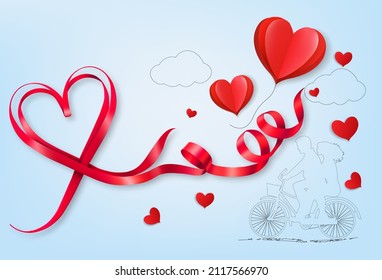 Happy Valentine's Day Getting Card  With A Red Heart Shape Ribbon And Couple In Love In Bike. Vector.