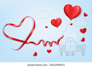 Happy Valentine's Day getting card  with a red heart shape ribbon and couple in love. Vector.