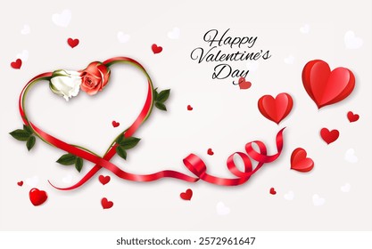 Happy Valentine's Day getting card  with two roses and a red heart shape ribbon. Vector.