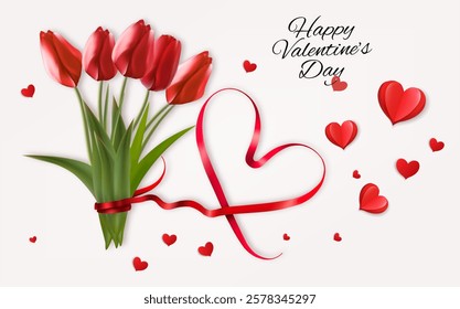 Happy Valentine's Day getting card  with red flowers and a red heart shape ribbon. Vector.